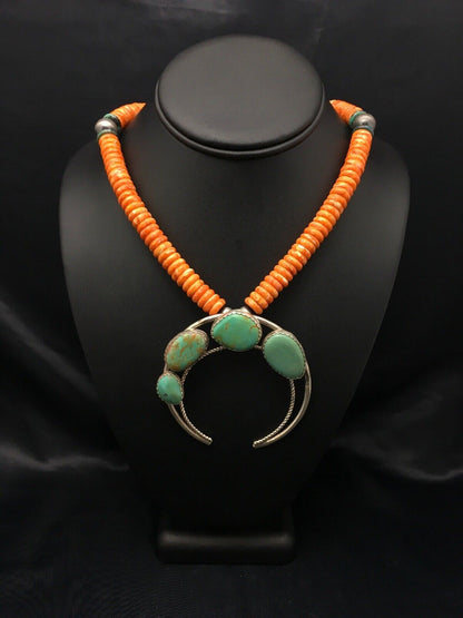 Navajo Sterling Silver Orange Spiny Turquoise Necklace | Naja Pendant | 20" | 4162