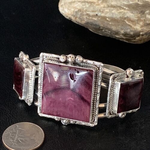 Navajo Purple Spiny Oyster Row Cuff Bracelet | Sterling Silver | Authentic Native American Handmade | 14210