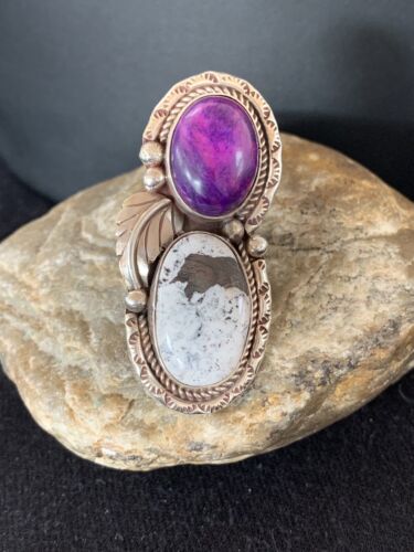 US Navajo Sterling Silver White Buffalo Turquoise & Sugilite Ring Sz 9.5" 309