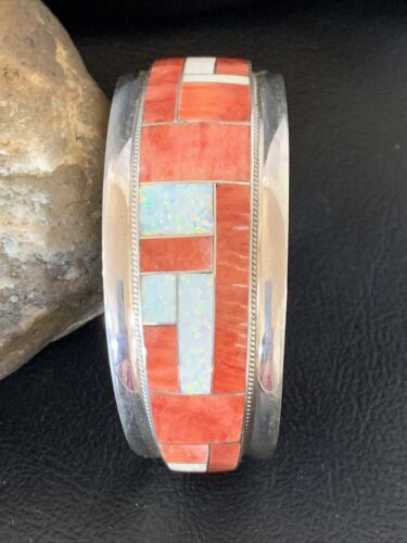 Native American Zuni Red Spiny Oyster Opal Inlay Cuff Bracelet | Sterling Silver | 12096