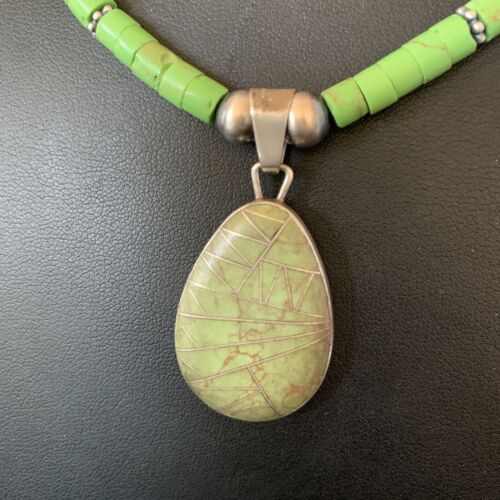 Navajo Green Gaspeite Turquoise Pendant | Sterling Silver | Authentic Native American Handmade | 12286