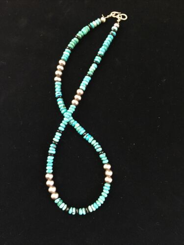 Native American Sterling Silver Necklace | Blue Turquoise & Onyx | 18" | 10027