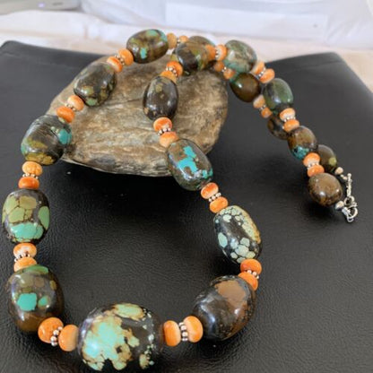 Navajo Green Turquoise & Orange Spiny Oyster Necklace | Sterling Silver | 23" | Authentic Native American Handmade | 1846