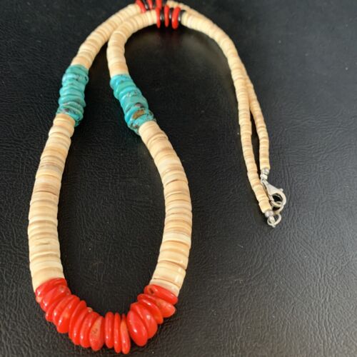 Authentic Native American Santo Domingo Necklace | Shell, Red Coral, Blue Turquoise, Onyx | 22" | 13486