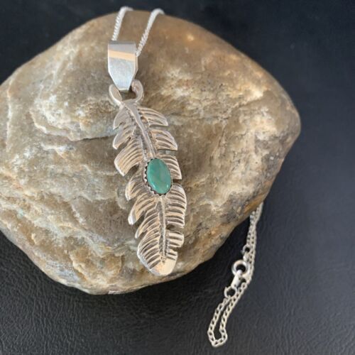 Navajo Green Turquoise Feather Pendant Necklace | Sterling Silver | 16" | Authentic Native American Handmade | 13685