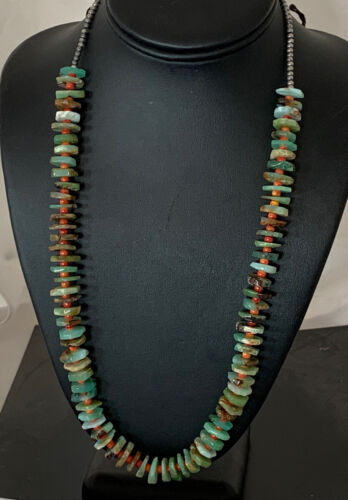 Navajo Green Chrysoprase Spiny Oyster Necklace | Sterling Silver | Authentic Native American Handmade | 24" | 00512