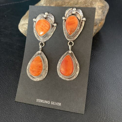 Navajo Orange Spiny Oyster Dangle Earrings | Sterling Silver | Authentic Native American Handmade | 13818