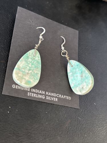 Southwestern Navajo Slab Turquoise Dangle Earrings | Sterling Silver | Authentic Native American Handmade | 01354