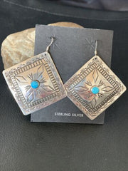Navajo Blue Turquoise Earrings | Stamped Sterling Silver | Authentic Native American Handmade | 12912