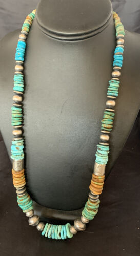 Navajo Blue Green Turquoise Barrel Beads Graduated Necklace | Sterling Silver | Authentic Native American Handmade | 26" | 12673