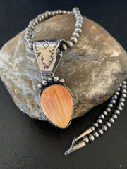Navajo Orange Spiny Oyster Pendant Necklace | Sterling Silver | Authentic Native American Handmade | 13080