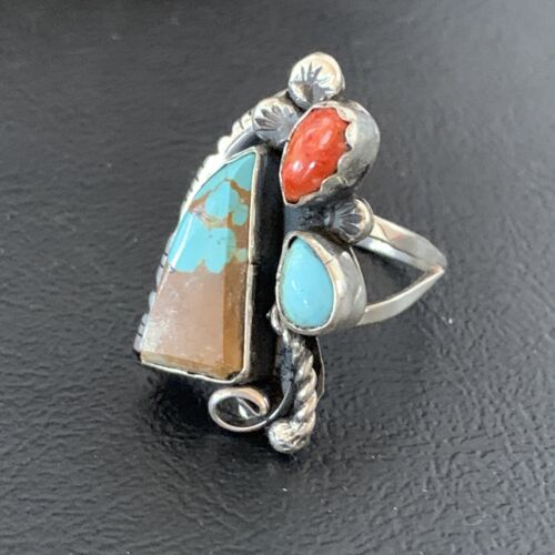 Southwestern Multi-Stone Men's Ring | Authentic Native American Sterling Silver | Turquoise & Spiny Oyster | Sz 11 | 2166