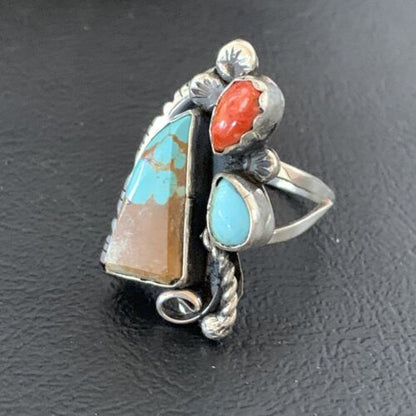 Southwestern Multi-Stone Men's Ring | Authentic Native American Sterling Silver | Turquoise & Spiny Oyster | Sz 11 | 02166