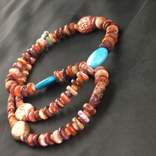 Navajo Turquoise | Purple Red Spiny Oyster Bead Necklace | Sterling Silver | 22" | 10143