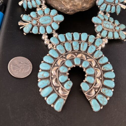 Navajo Blue Turquoise Squash Blossom Necklace & Earrings | Sterling Silver | Authentic Native American Handmade | 14483