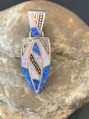 Authentic Native American Navajo Sterling Silver Pendant | Pink & Blue Opal Inlay | Handmade Jewelry | 12479