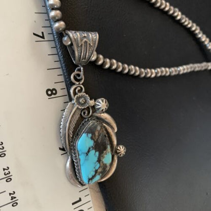 Navajo Pearl Necklace with Blue Spiderweb Turquoise Pendant | Sterling Silver | Native American Handmade | 13258