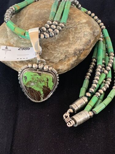 Navajo Pearls Sterling Silver Green Gaspeite Pendant Turquoise Necklace Set | Multi-Strand | 2986