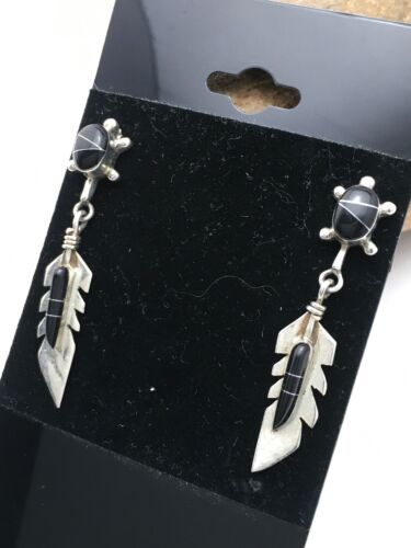 Navajo Black Onyx Earrings | Sterling Silver | Authentic Native American Handmade | 1" | 4438