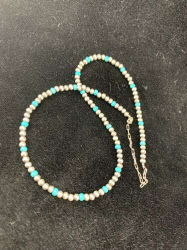 Navajo Pearls 4mm Turquoise Bead Necklace | Sterling Silver | 14" Single Strand | Native American Artisan