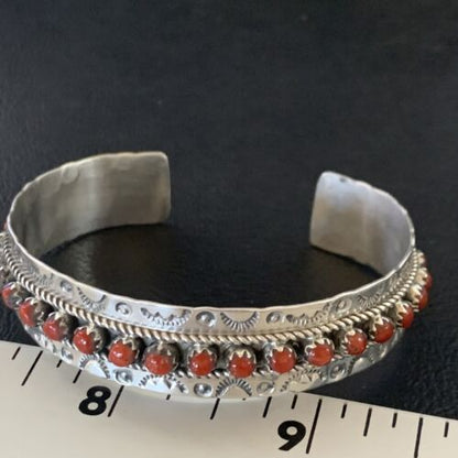 Zuni Red Coral Cuff Bracelet | Sterling Silver | Authentic Native American Handmade | 14179