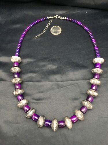 Navajo Sugilite Necklace | Sterling Silver Stamped Beads | 22" | Authentic Native American Handmade | 2702