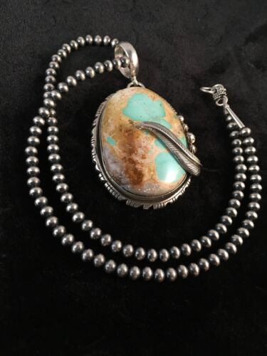 Royston Turquoise Pendant | Navajo Pearls Sterling Silver Necklace | Authentic Native American Handmade | 8730