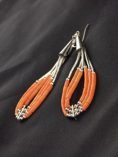 Native American Liquid Silver Heishi Dangle Earrings | Orange Coral | Sterling Silver | 2" | 2033
