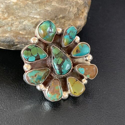 Navajo Green Turquoise Multi-Stone Cluster Ring | Authentic Native American Sterling Silver | Sz 11 | 02195