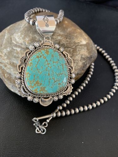 Navajo Blue #8 Turquoise Pendant Necklace | Sterling Silver | Authentic Native American Handmade | 10228