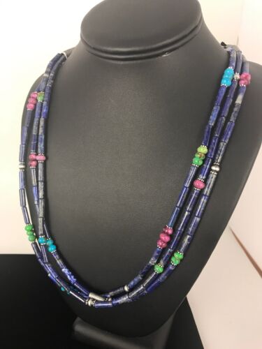 Navajo Denim Lapis Multi Strand Necklace | Sterling Silver | 22" | Authentic Native American Handmade | 3342 - Masha USA