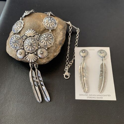 Navajo Handmade Sterling Silver Necklace & Earrings Set | Stamped | Authentic Native American Jewelry | 2114