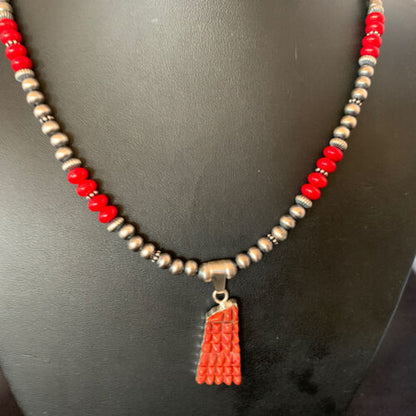 Navajo Red Coral Corn Inlay Pendant Necklace | Sterling Silver | 21" | Authentic Native American Handmade | 12583