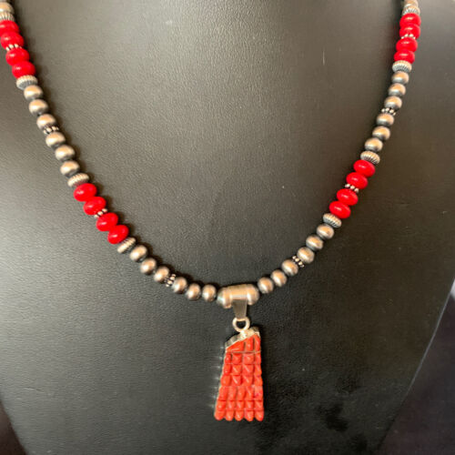 Navajo Red Coral Corn Inlay Necklace Pendant | Sterling Silver | 21" | Authentic Native American Handmade | 12584