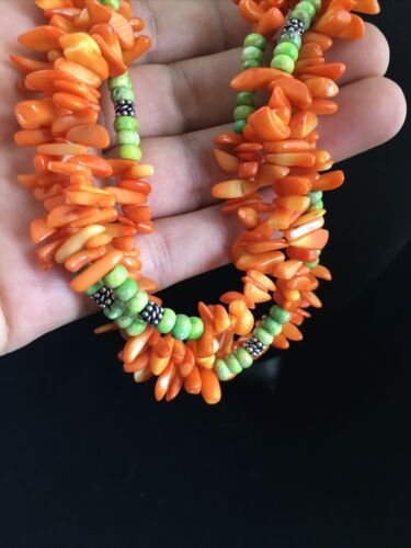 Navajo Pearls 3-Strand Necklace | Sterling Silver Orange Coral | 19" | Authentic Native American Handmade | 10042