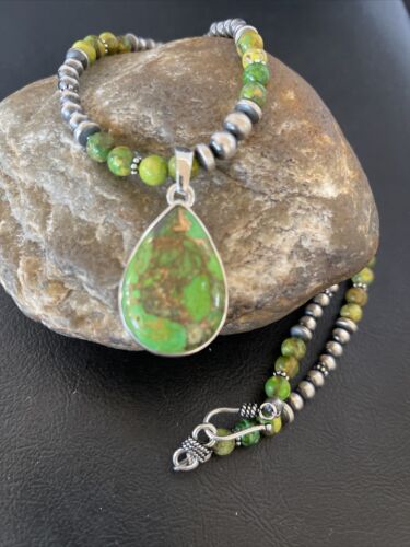 Navajo Pearl Necklace with Green Mojave Turquoise Pendant | Sterling Silver | Authentic Native American Handmade | 10580