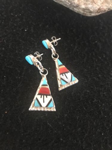 Navajo Sterling Silver Inlay Earrings | Coral Turquoise Onyx Mother of Pearl | Southwestern