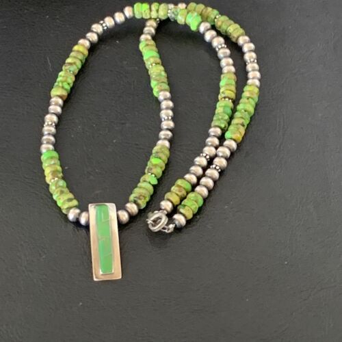 Navajo Green Gaspeite Turquoise Inlay Pendant | Sterling Silver | Authentic Native American Handmade | 13265