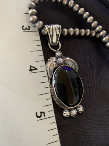Native American Men's Navajo Pearls Necklace | Sterling Silver Black Onyx Pendant | 13090