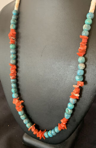 Southwestern Santo Domingo Red Coral Blue Turquoise Necklace | 28" | Authentic Native American Handmade | 12681