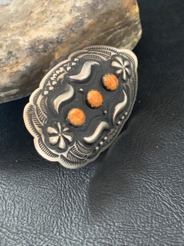 Navajo Orange Spiny Oyster Multi-Stone Ring | Authentic Native American Sterling Silver | Sz 10 Adj | 11658