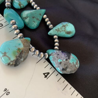 Southwestern Navajo Pearls Necklace | Sterling Silver Blue Turquoise Teardrop | 13149