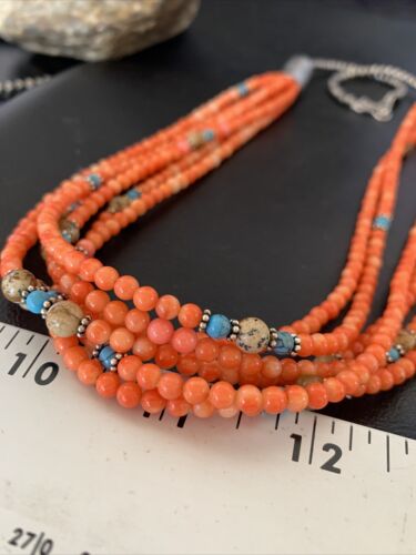 Navajo Pink Coral 5-Strand Turquoise Bead Necklace | Sterling Silver | 25" | Authentic Native American Handmade | 12510