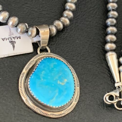 Men's Navajo Pearls Necklace with Blue Kingman Turquoise Pendant | Sterling Silver | Native American Handmade | 2202