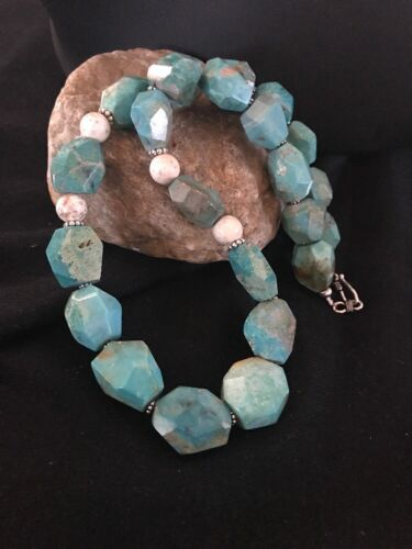 Chunky Turquoise Men's Necklace | Sterling Silver Faceted | Southwestern Navajo | 21" |  8140