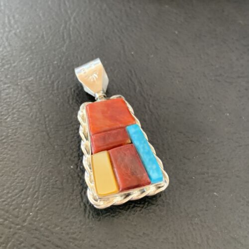 Zuni Yellow Mother of Pearl Turquoise Coral Inlay Sun Face Pendant | Sterling Silver | 2-Sided | 1685