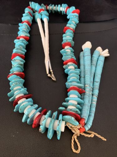 Native American Santo Domingo Blue Turquoise Red Coral Nugget Bead Jacla Necklace | 34" | 13197