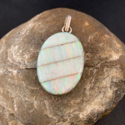Navajo White Fire Opal Inlay Pendant | Sterling Silver | Authentic Native American Handmade | 13144