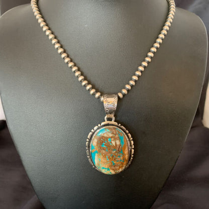 Navajo Pearls Necklace with Blue Royston Turquoise Pendant | Sterling Silver | Authentic Native American Handmade | 10629