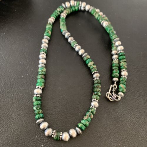 Navajo Green Turquoise Bead Necklace | Sterling Silver | 22" | Authentic Native American Handmade | 2040